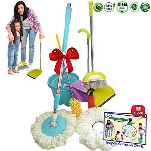 Kids Cleaning Set - Skoolzy Play House Toddler Toys | Montessori Materials Real Tools for Little Girl or Boy Toy | Spin Mop, Broom and Dustpan, Spray Bottle, Cloth, Duster & Non Toxic Recipes eBook