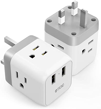 TROND 5 in 1 UK Travel Plug Adapter with 2 USB Ports, 3 American Outlets, for Canada to UK England Scotland Ireland Hong Kong Singapore Malaysia, Type G, 2-Pack