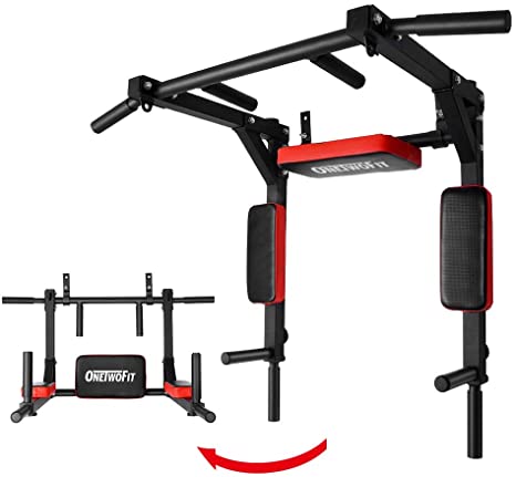 ONETWOFIT Multifunctional Wall Mounted Pull Up Bar/Chin Up bar, Dip Station for Indoor Home Gym Workout, Power Tower Set Training Equipment Fitness Dip Stand Supports to 440 Lbs OT126