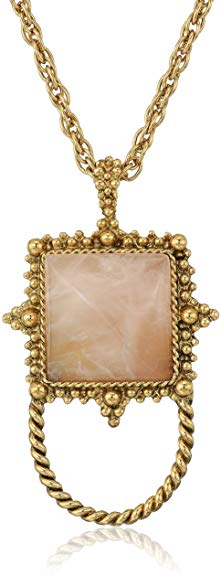 1928 Jewelry Womens Gold-Tone Semi-Precious Rose Quartz Square Eyeglass/Badge Holder Pendant Enhancer, Pink, 30