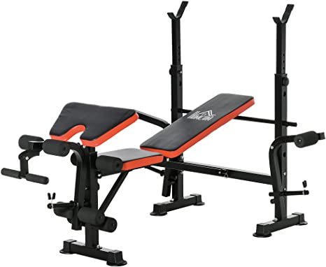 HOMCOM Banco de Pesas Multifuncional Banco de Musculación con Respaldo Ajustable Soporte de Barras para Fitness Entrenamiento Completo 105x150x112 cm Negro