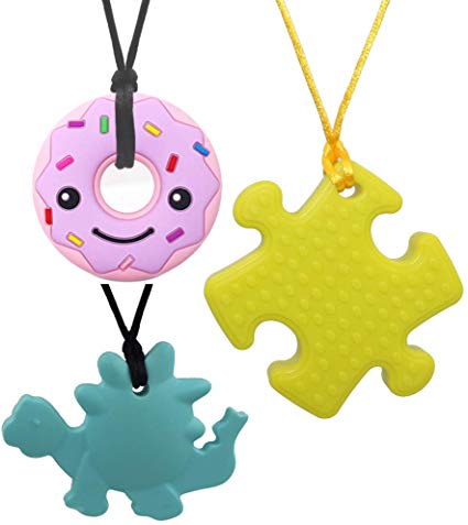 Chew Necklace for Girls Boys, 3 Pack Silicone Donut Dinosaur Puzzle Pendant Teething Necklace, Chewy Jewelry Toys for Autism or Oral Motor Special Need Kids BPA Free