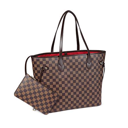 Daisy Rose Checkered Tote Shoulder Bag with inner pouch - PU Vegan Leather (Brown)