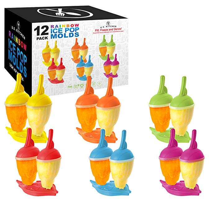 U.S. Kitchen Supply Jumbo Set of 12 Rainbow Ice Pop Molds - Sets of 2 in 6 Colors Red, Orange, Yellow, Purple, Blue & Green - Reusable Fruit Shaped Ice Pop Makers - Fill, Freeze & Serve Kids Treats