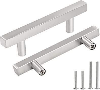 OCQ 10 Pack Brushed Nickel Square T Bar Kitchen Cabinet Pull (76mm) 3 inch Hole Centers, 5" Over Length, Silver Furniture Dresser Drawer Handles Hardware