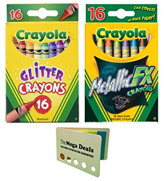 Crayola Glitter Crayons, 16 Count | Crayola Metallic FX Crayons, 16 Count | Includes 5 Color Flag Set | Great Creative Coloring Bundle