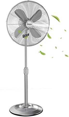 COSTWAY Metal Pedestal Fan, 16-Inch Quiet Oscillating Standing Fan with Height Adjustable, 3 Wind Speed, 4 Blades, Widespread Stand Floor Fan for Home, Office, Shop (Brushed Nickel Finish)