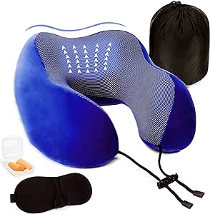 VASLON Travel Neck Pillow,Soft and Comfortable Memory Foam Neck Cushion,Head & Chin Support Travel Pillow Machine Washable for Travel Flight Car Bus Train,with 3D Eye Mask,Earplugs,Luxury Bag (Blue)