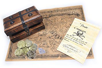WellPackBox Small Pirate Chest Box with Gold Coins, Diamond, Deluxe TREASURE MAP and Pirate Commission