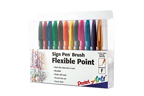 Pentel Arts Sign Pen Brush Tip, 12 Assorted Colors in Marker Stand (SES15CPC12)