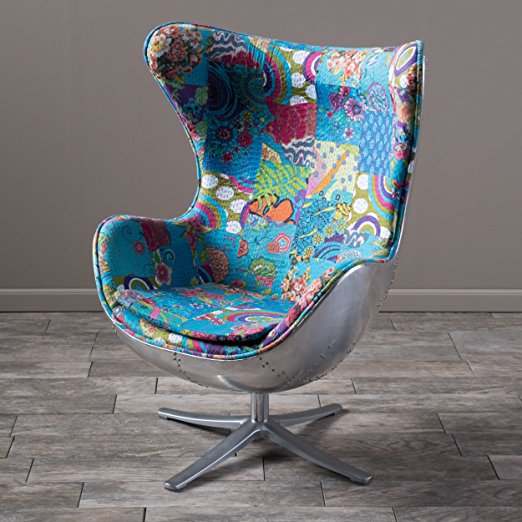 Lillian Arne Jacobsen Inspired Multi-Colored Patch Work Fabric Swivel Egg Chair