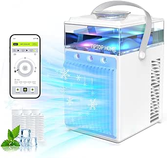 Portable Air Cooler, 4 In 1 Mini Mobile Air Conditioner Fan and Humidifier, USB Small Personal Space Air Cooling Fan with 7 LED Lights, 2 Spray Modes, 3 Wind Speeds for Bedroom, Office, Home, Dorm