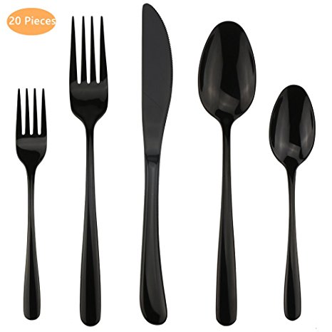 20-Piece Black Flatware Silverware Set, DEALIGHT 18/10 Stainless Steel Cutlery Eating Utensils Include Dinner Knives, Forks, Spoons, Dessert Forks and Spoons, Service for 4 people