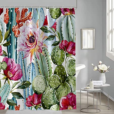 Cactus Shower Curtain, Cactus Flowers Blossom Bath Curtain Durable Waterproof Fabric Shower Curtain for Bathroom, Aesthetic Tropical Plant Boho Style Floral Shower Curtains, with 12 Hooks, 72" X 72"