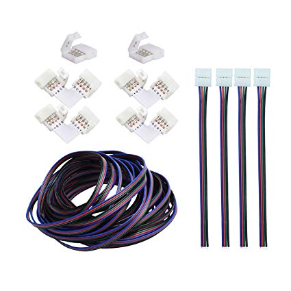 Onite 32.8ft/10m 4pin 10mm 5050 LED Strip Extension Cord, 4X Strip to Wire Connector, 4X L Shape Strip to Strip Right Angle Corner Connectors