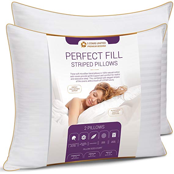 Standard Size Bed Pillows for Sleeping - 2-Pack - Mid Loft - Soft Fiber Fill - Hypoallergenic - Stripe Cotton Covers - Best Alternative to Feather and Down Bedding - Fit Twin and Double Beds