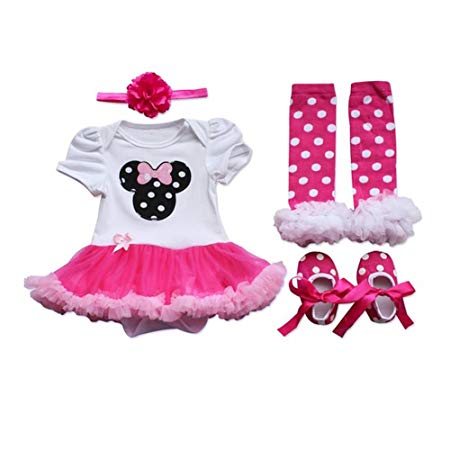 Vigoo® Baby Girls 4PCs Outfits Clothing Headband Tutu Romper Dress/ First Birthday Dress (0~3Months)
