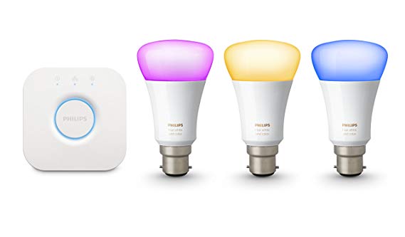 Philips Hue White and Colour Ambiance Wireless Lighting B22 Bayonet Cap Starter Kit, 3 x Philips Hue 9 W B22 Richer Colour Bulbs, 1 x Hue Bridge 2.0, Apple Home Kit Enabled, Works with Alexa