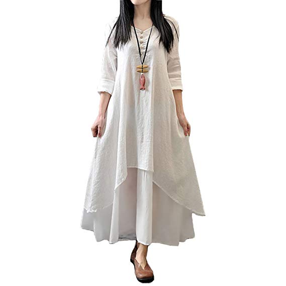 Romacci Women Boho Dress Casual Irregular Maxi Dresses Layer Vintage Loose Long Sleeve Linen Dress with Pockets,S-5XL