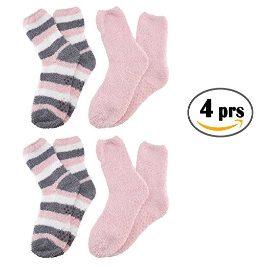 Super Soft Warm Cozy Fuzzy Cozy Home Stripe Socks - 4 Pairs Value Pack