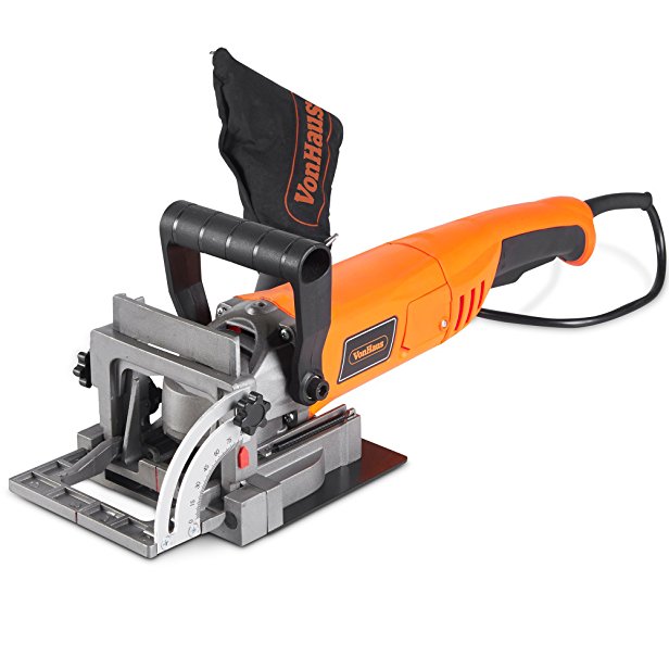 VonHaus 8.5 Amp Wood Biscuit Plate Joiner with 4" Tungsten Carbide Tipped Blade, Adjustable Angle and Dust Bag - Suitable For All Wood Types