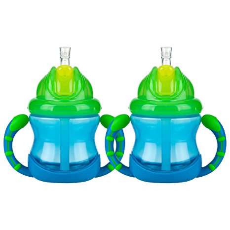 Nuby 2 Handle Flip n' Sip Straw Cup, 8 Ounce, Blue with Green, 2 Count