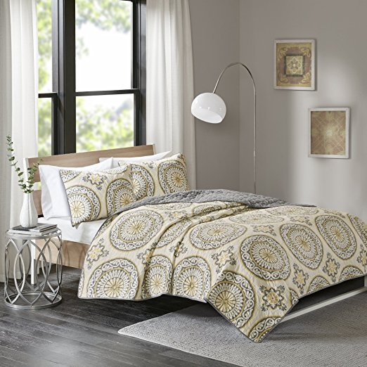 Comfort Spaces - Venice Mini Quilt Set - 3 Piece - Medallion Pattern - Yellow, White, Grey - King Size, includes 1 Quilt, 2 Shams