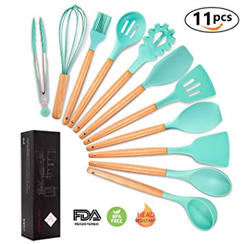 Silicone Cooking Utensils Kitchen Utensil Set, MIBOTE 11 Pieces Acacia Wooden Cooking Tool Turner Tongs Spatula Spoon for Nonstick Cookware - Best Kitchen Tools Gadgets (Green)