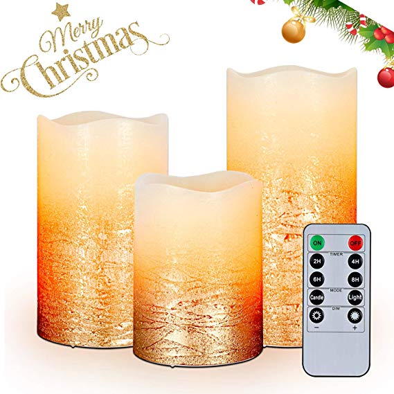 AMAGIC Gold LED Flameless Candles - H 4”5”6” x D3”- Battery Operated LED Candles with Remote and Timer, Simulated Wick, Wax, Set of 3