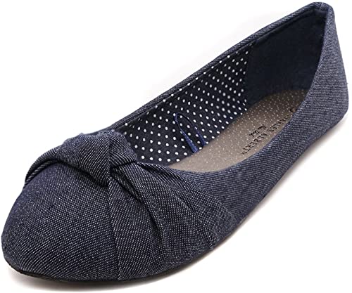 Charles Albert Ballet Flats for Women, Knotted Front Canvas Round Toe Dress Shoe, Denim, 7