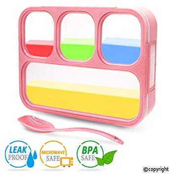 Leakproof Bento Lunch Box Set for Kids Adults, KOEPUO Divided Insulated Lunch Container 4 Compartments Meal Prep Snacks Box with Spoon Reusable Microwave Safe Food Lunchbox for Girls Women School Work