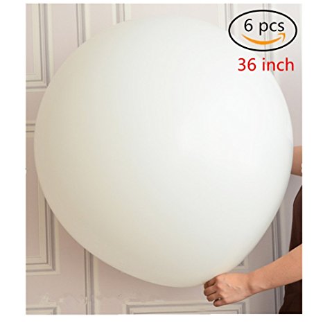 36 Inch Giant Latex Balloon Pearlescent White (Premium Helium Quality) Pkg/6 , for Birthdays Wedding and Event Decorations, 6 Big Jumbo White Regular Shape Balloons.
