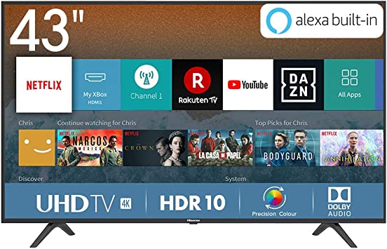 Hisense H43BE7000 108 cm (43 Zoll) Fernseher (4K Ultra HD, HDR, Triple Tuner, Smart-TV, Standard) [Modelljahr 2019]