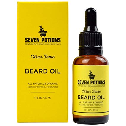 Beard Oil 1 fl oz by Seven Potions. Gentle Beard Softener. Stops Beard Itch. 100% Natural, Organic, Beard Conditioning Oil With Citrus Scent & Jojoba Oil (Citrus Tonic)
