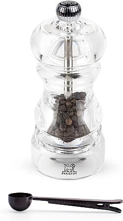 Peugeot - Nancy Acrylic Manual Pepper Mill - Transparent Adjustable Grinder Gift Set- With Stainless Steel Spice Scoop/Bag Clip, 4.75 Inch