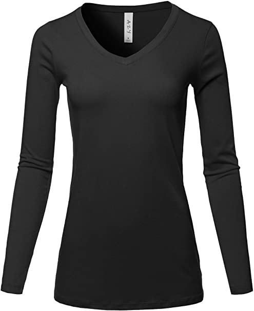 A2Y Women's Basic Solid Soft Cotton Long Sleeve V-Neck Top T-Shirt