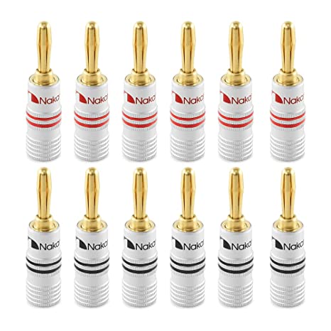 Nakamichi Excel Series 24k Gold Plated Banana Plug 12 AWG - 18 AWG Gauge Size 4mm for Speakers Amplifier Hi-Fi AV Receiver Stereo Home Theatre Radio Audio Wire Cable Screw Connector 12 Pcs (6-Pairs)