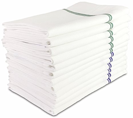 VibraWipe Kitchen Dish Towels, 12 Pieces, 29in x 18in, White with Blue Stripe (6 Pcs) , With Green Stripes (6 Pcs) - Premium Quality, 100% Natural Cotton, Herringbone Weave, High Absorbent Dish Cloths