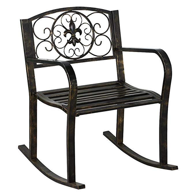 Yaheetech Metal Patio Rocking Chair Rolling Chair Heavy Duty Rocking Chair Front Porch/Outdoor/Patio Rocker Seat Cart Bronze