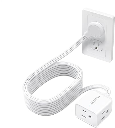 TROND 15ft Long Extension Cord Indoor, Left Angle Ultra-Thin Flat Plug, 3 Sided Multi Plug Outlets, 13 Amps, 1625W, Small Flexible SPT 16/3 Power Bar Cable Splitter, Home Office Dorm Room Essentials