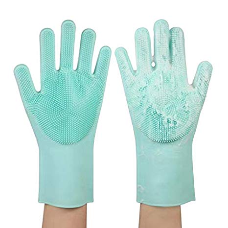 Dishwashing,Cleaning Gloves Reusable Silicone Brush Scrubber Gloves Heat Resistant for Dishwashing Kitchen Bathroom Cleaning Pet Hair Care Car Washing (Green)