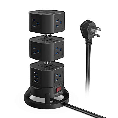 BESTEK 12 Outlets Power Strip Tower with 3 USB Ports Stackable Design Extend to 14 AC Outlets for PC Laptop Mobiles,6 Feet Extension Cord,Black