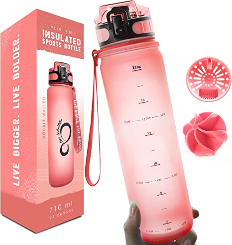 Live Infinitely 24 oz Water Bottle with Time Marker - Insulated Measured Water Tracker Screen - BPA Free Gym Water Bottle - Locking Flip Top Lid, Rubberized (Coral, 24oz)