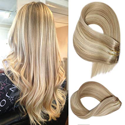 Clip in Extensions Human hair With Beige Blonde Highlights 7 Pieces 70g Per Set 15 18 20 22 inch Silky Straight Weft Remy Hair (15 Inches, #18-613)