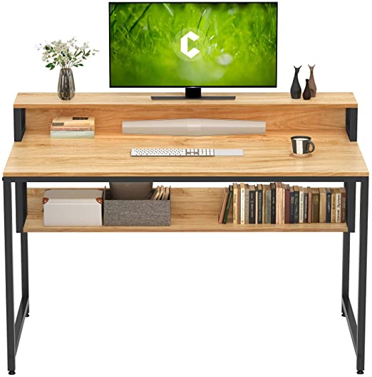 Cubiker Computer Home Office Desk, 47" Small Desk Table with Storage Shelf and Bookshelf, Study Writing Table Modern Simple Style Space Saving Design, Natural