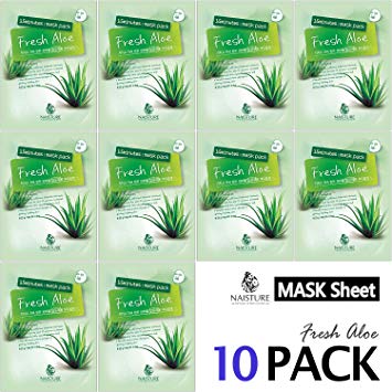Collagen Facial Sheet Mask Pack (10 Sheets) Face Treatment [NAISTURE] Essence Face Masks - 15 Minute Application For Smooth Moisturizing Revitalizing Hydration 0.8 oz, Made in Korea - Fresh Aloe