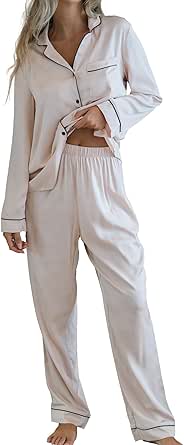CUPSHE Silk Pajamas for Women Satin Sleepwear Long Sleeve Loungewear Silky Button Down Pjs Set