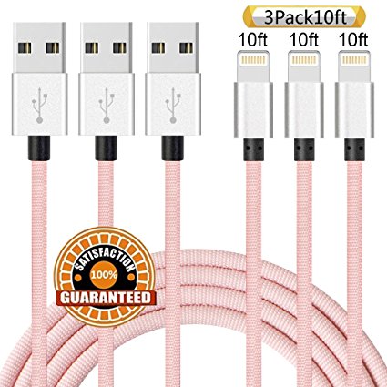Suanna Lightning Cable, 3Pack 10FT Certified Nylon Braided Cord iPhone Cable Certified to USB Charging Cable for iPhone 7, 7 Plus, 6S, 6 , SE, 5S, 5, iPad Air/Mini, iPod Nano 7 (Pink)