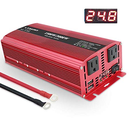 LVYUAN 1500W/3000W Power Inverter Dual AC Outlets and Dual USB Charging Ports DC 24V to 110V AC Car 24V Inverter Converter with Digital Display 4 External 40A Fuses for Blenders, vacuums, Power Tools