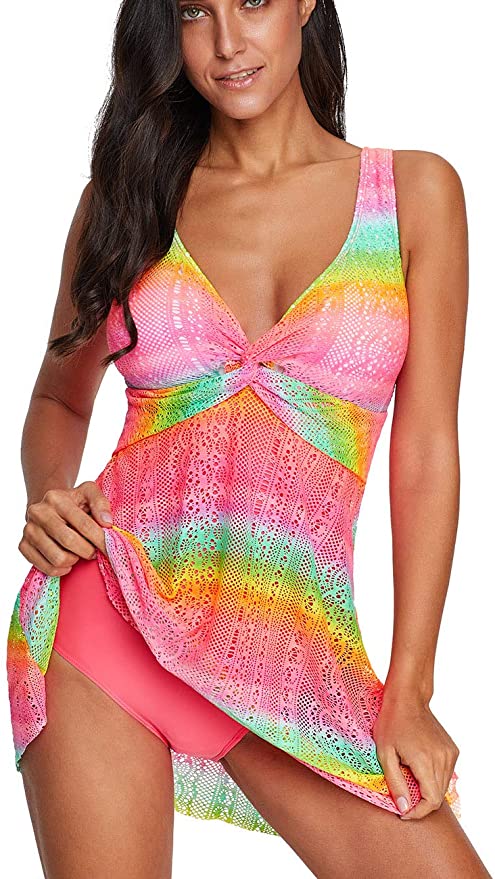 Bsubseach V Neck One Piece Bathing Suit Women Retro Swimdress Twist Tankini Swimsuit